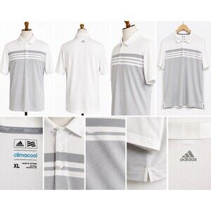 Adidas ClimaCool Polo Shirt Men’s XL White Gray Striped Performance Stretch